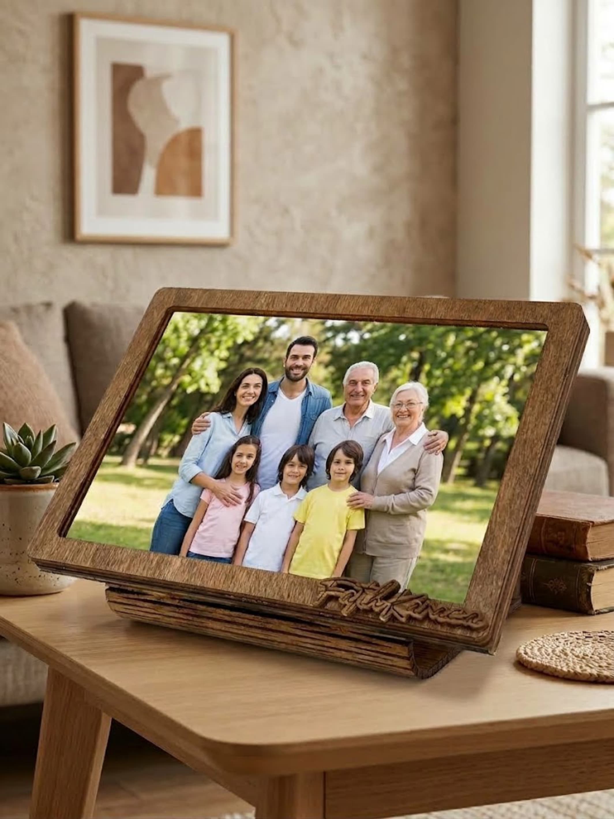 Kendinden Stantlı Kişiye Özel Doğal Ahşap Fotoğraf Çerçevesi