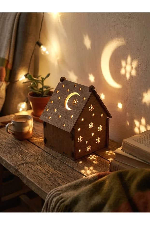 Doğal Ahşap Lazer Kesim Ev Tasarım Dekoratif Mumluk & Gece Lambası