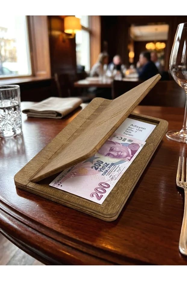 Doğal Ahşap Kontrplak Akordiyon Kapaklı Hesap Adisyon Diski / El İşçiliği Vernikli Restoran Garson Diseti